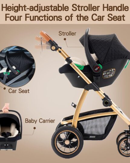 Gcarebb 3 in 1 Prams Travel System, Pushchair with Height Adjustable Handle, Travel Pram with Mosquito Net, Baby Stroller with Aluminum Frame for Newborn 0-4 Years