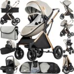 Magic ZC PU Leather 3 in 1 Pushchair Pram Travel System, Baby Stroller 3 in 1 with Reversible Two Pushing Modes, Newborn Infant Carriage One-Click Folding, Toddler Buggy Aluminum Frame (Khaki 518)
