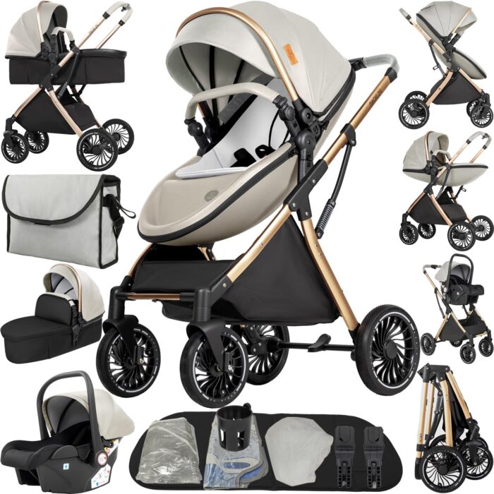 Magic ZC PU Leather 3 in 1 Pushchair Pram Travel System, Baby Stroller 3 in 1 with Reversible Two Pushing Modes, Newborn Infant Carriage One-Click Folding, Toddler Buggy Aluminum Frame (Khaki 518)
