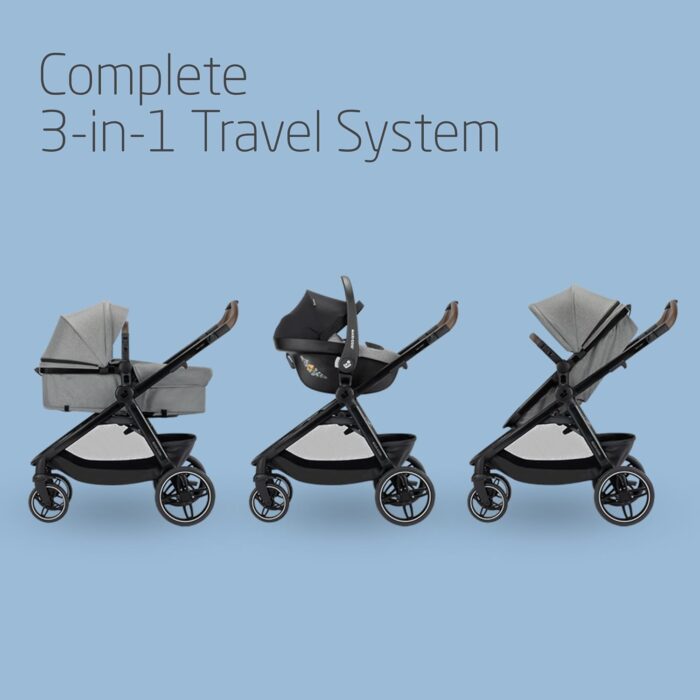 Maxi COSI Zelia Select Trio, Baby Stroller 3 in 1 with Car Seat, 0-4 Years (0-22 kg), One-Hand Fold, Compact and Reversible Puschair Travel System, with CabrioFix S i-Size Baby Car Seat, Grey