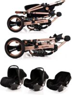 Baby Stroller 3 in 1 Pram Pushchair Buggy Child Lightweight Folding Stroller 3 in 1 Travel System Pram for Newborns Toddlers from Birth Aluminium NEW Upgraded 2025 Style (Black - Rose Gold Frame)