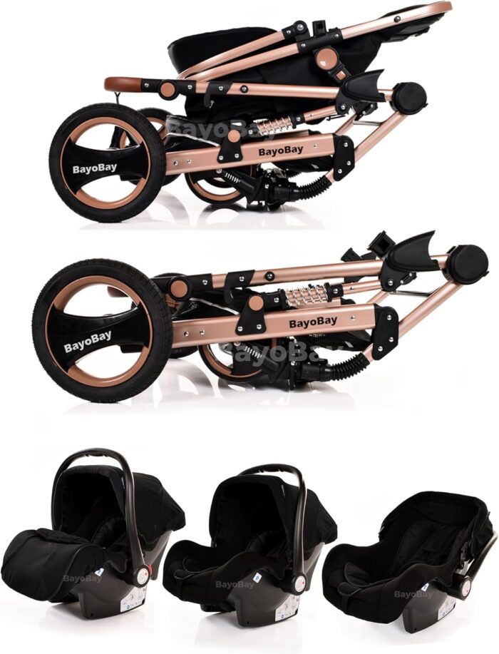 Baby Stroller 3 in 1 Pram Pushchair Buggy Child Lightweight Folding Stroller 3 in 1 Travel System Pram for Newborns Toddlers from Birth Aluminium NEW Upgraded 2025 Style (Black - Rose Gold Frame)
