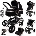 Baby Stroller 3 in 1 Pram Pushchair Buggy Child Lightweight Folding Stroller 3 in 1 Travel System Pram for Newborns Toddlers from Birth Aluminium NEW Upgraded 2025 Style (Black - Rose Gold Frame)