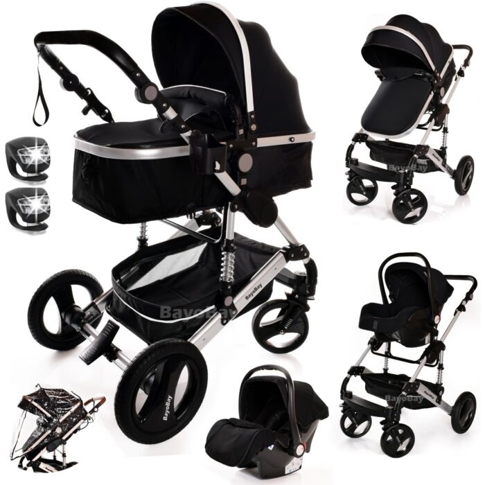 Baby Stroller 3 in 1 Pram Pushchair Buggy Child Lightweight Folding Stroller 3 in 1 Travel System Pram for Newborns Toddlers from Birth Aluminium NEW Upgraded 2025 Style (Black - Rose Gold Frame)