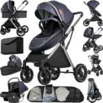 Magic ZC PU Leather 3 in 1 Pushchair Pram Travel System, Baby Stroller 3 in 1 with Reversible Two Pushing Modes, Newborn Infant Carriage One-Click Folding, Toddler Buggy Aluminum Frame (Khaki 518)