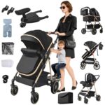 Magic ZC PU Leather 3 in 1 Pushchair Pram Travel System, Baby Stroller 3 in 1 with Reversible Two Pushing Modes, Newborn Infant Carriage One-Click Folding, Toddler Buggy Aluminum Frame (Khaki 518)
