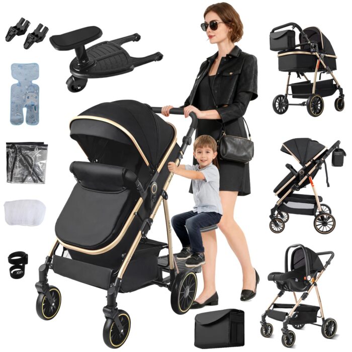 Magic ZC PU Leather 3 in 1 Pushchair Pram Travel System, Baby Stroller 3 in 1 with Reversible Two Pushing Modes, Newborn Infant Carriage One-Click Folding, Toddler Buggy Aluminum Frame (Khaki 518)