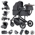 Gcarebb 3 in 1 Prams Travel System, Pushchair with Height Adjustable Handle, Travel Pram with Mosquito Net, Baby Stroller with Aluminum Frame for Newborn 0-4 Years