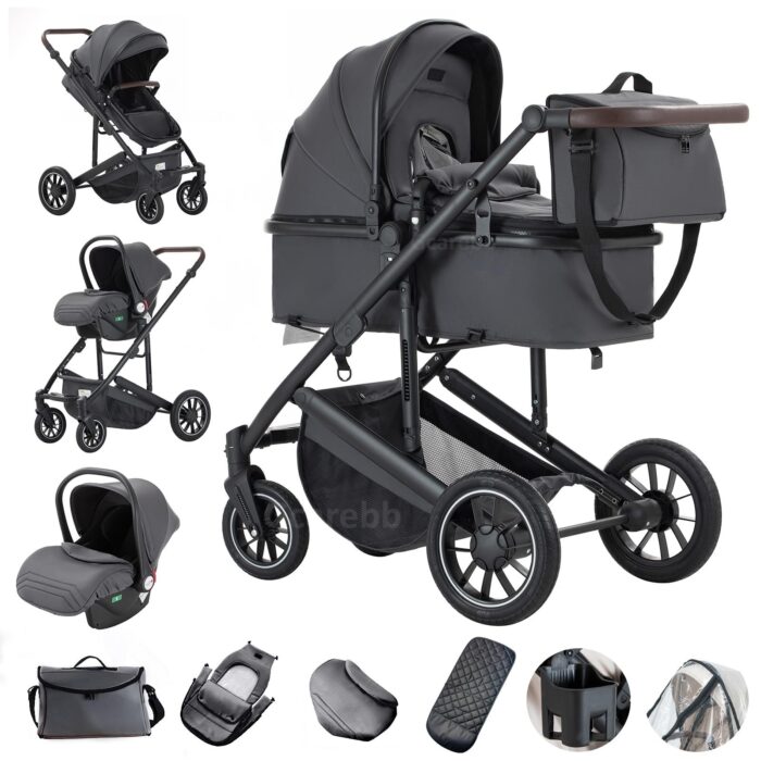 Gcarebb 3 in 1 Prams Travel System, Pushchair with Height Adjustable Handle, Travel Pram with Mosquito Net, Baby Stroller with Aluminum Frame for Newborn 0-4 Years