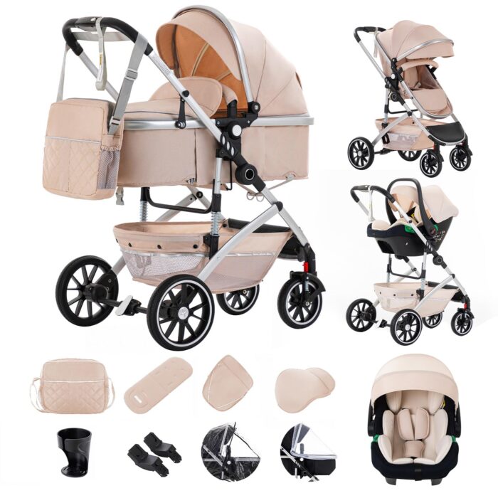 Gcarebb 3 in 1 Prams Travel System, Pushchair with Height Adjustable Handle, Travel Pram with Mosquito Net, Baby Stroller with Aluminum Frame for Newborn 0-4 Years