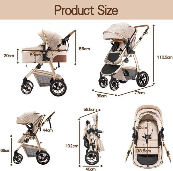 Gcarebb 3 in 1 Prams Travel System, Pushchair with Height Adjustable Handle, Travel Pram with Mosquito Net, Baby Stroller with Aluminum Frame for Newborn 0-4 Years