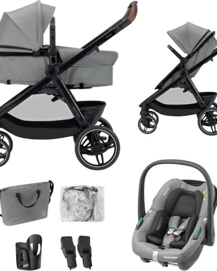 Maxi COSI Zelia Select Trio, Baby Stroller 3 in 1 with Car Seat, 0-4 Years (0-22 kg), One-Hand Fold, Compact and Reversible Puschair Travel System, with CabrioFix S i-Size Baby Car Seat, Grey