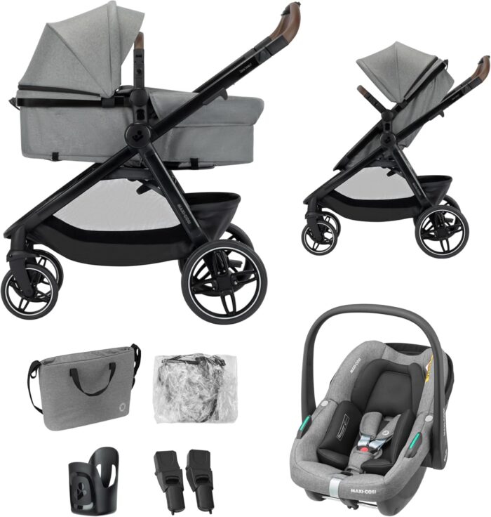 Maxi COSI Zelia Select Trio, Baby Stroller 3 in 1 with Car Seat, 0-4 Years (0-22 kg), One-Hand Fold, Compact and Reversible Puschair Travel System, with CabrioFix S i-Size Baby Car Seat, Grey