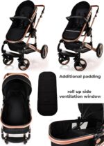 Baby Stroller 3 in 1 Pram Pushchair Buggy Child Lightweight Folding Stroller 3 in 1 Travel System Pram for Newborns Toddlers from Birth Aluminium NEW Upgraded 2025 Style (Black - Rose Gold Frame)
