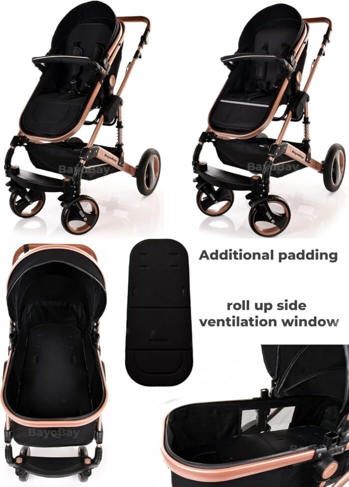Baby Stroller 3 in 1 Pram Pushchair Buggy Child Lightweight Folding Stroller 3 in 1 Travel System Pram for Newborns Toddlers from Birth Aluminium NEW Upgraded 2025 Style (Black - Rose Gold Frame)