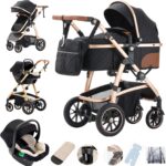 Gcarebb 3 in 1 Prams Travel System, Pushchair with Height Adjustable Handle, Travel Pram with Mosquito Net, Baby Stroller with Aluminum Frame for Newborn 0-4 Years