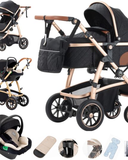 Gcarebb 3 in 1 Prams Travel System, Pushchair with Height Adjustable Handle, Travel Pram with Mosquito Net, Baby Stroller with Aluminum Frame for Newborn 0-4 Years