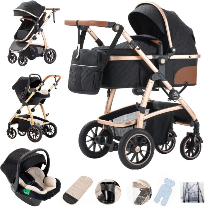 Gcarebb 3 in 1 Prams Travel System, Pushchair with Height Adjustable Handle, Travel Pram with Mosquito Net, Baby Stroller with Aluminum Frame for Newborn 0-4 Years