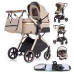 Gcarebb 3 in 1 Prams Travel System, Pushchair with Height Adjustable Handle, Travel Pram with Mosquito Net, Baby Stroller with Aluminum Frame for Newborn 0-4 Years