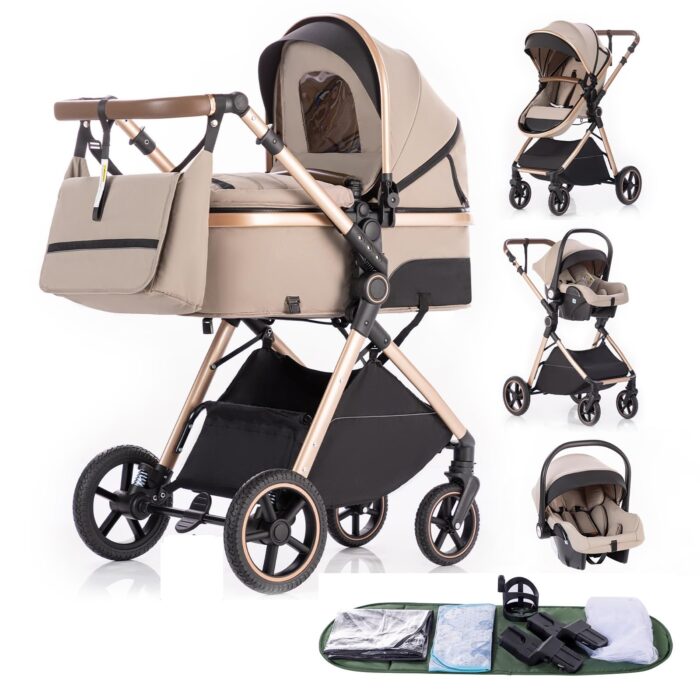 Gcarebb 3 in 1 Prams Travel System, Pushchair with Height Adjustable Handle, Travel Pram with Mosquito Net, Baby Stroller with Aluminum Frame for Newborn 0-4 Years