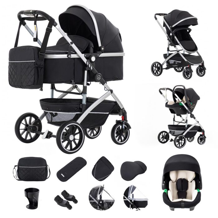 Gcarebb 3 in 1 Prams Travel System, Pushchair with Height Adjustable Handle, Travel Pram with Mosquito Net, Baby Stroller with Aluminum Frame for Newborn 0-4 Years