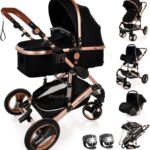 Baby Stroller 3 in 1 Pram Pushchair Buggy Child Lightweight Folding Stroller 3 in 1 Travel System Pram for Newborns Toddlers from Birth Aluminium NEW Upgraded 2025 Style (Black - Rose Gold Frame)
