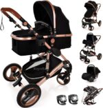 Baby Stroller 3 in 1 Pram Pushchair Buggy Child Lightweight Folding Stroller 3 in 1 Travel System Pram for Newborns Toddlers from Birth Aluminium NEW Upgraded 2025 Style (Black - Rose Gold Frame)