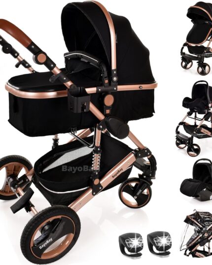 Baby Stroller 3 in 1 Pram Pushchair Buggy Child Lightweight Folding Stroller 3 in 1 Travel System Pram for Newborns Toddlers from Birth Aluminium NEW Upgraded 2025 Style (Black - Rose Gold Frame)