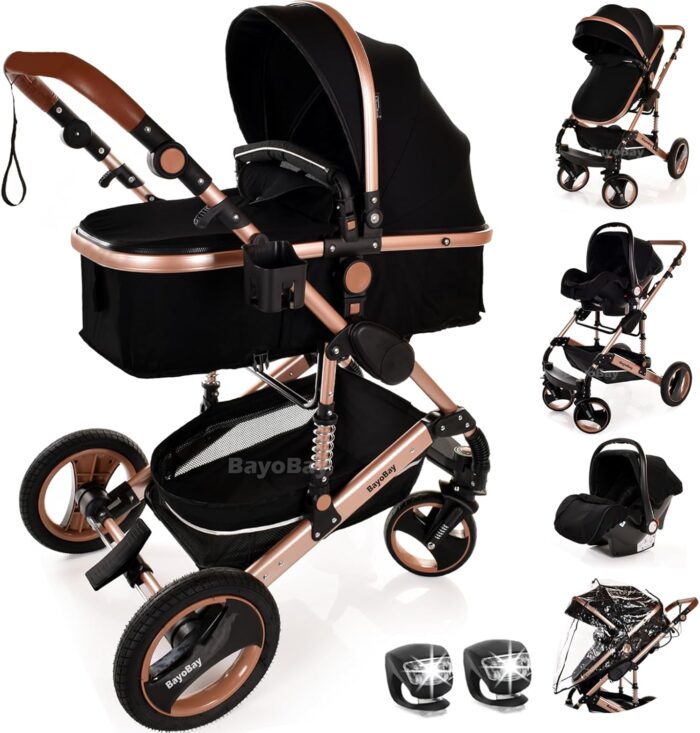 Baby Stroller 3 in 1 Pram Pushchair Buggy Child Lightweight Folding Stroller 3 in 1 Travel System Pram for Newborns Toddlers from Birth Aluminium NEW Upgraded 2025 Style (Black - Rose Gold Frame)