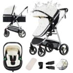 Gcarebb 3 in 1 Prams Travel System, Pushchair with Height Adjustable Handle, Travel Pram with Mosquito Net, Baby Stroller with Aluminum Frame for Newborn 0-4 Years
