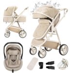 Gcarebb 3 in 1 Prams Travel System, Pushchair with Height Adjustable Handle, Travel Pram with Mosquito Net, Baby Stroller with Aluminum Frame for Newborn 0-4 Years