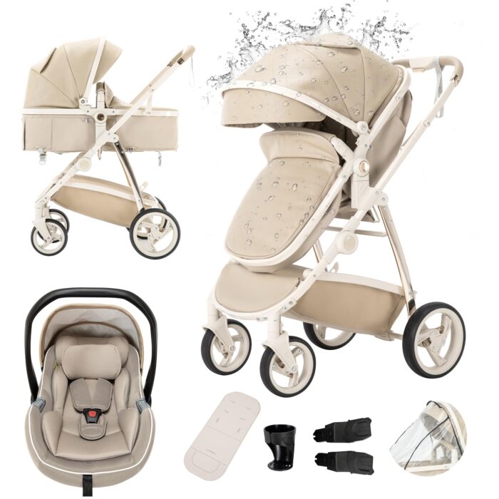 Gcarebb 3 in 1 Prams Travel System, Pushchair with Height Adjustable Handle, Travel Pram with Mosquito Net, Baby Stroller with Aluminum Frame for Newborn 0-4 Years