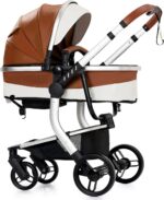 Magic ZC PU Leather 3 in 1 Pushchair Pram Travel System, Baby Stroller 3 in 1 with Reversible Two Pushing Modes, Newborn Infant Carriage One-Click Folding, Toddler Buggy Aluminum Frame (Khaki 518)