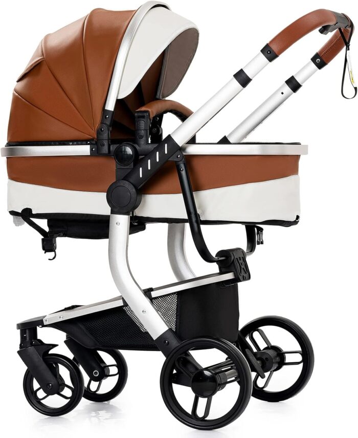 Magic ZC PU Leather 3 in 1 Pushchair Pram Travel System, Baby Stroller 3 in 1 with Reversible Two Pushing Modes, Newborn Infant Carriage One-Click Folding, Toddler Buggy Aluminum Frame (Khaki 518)
