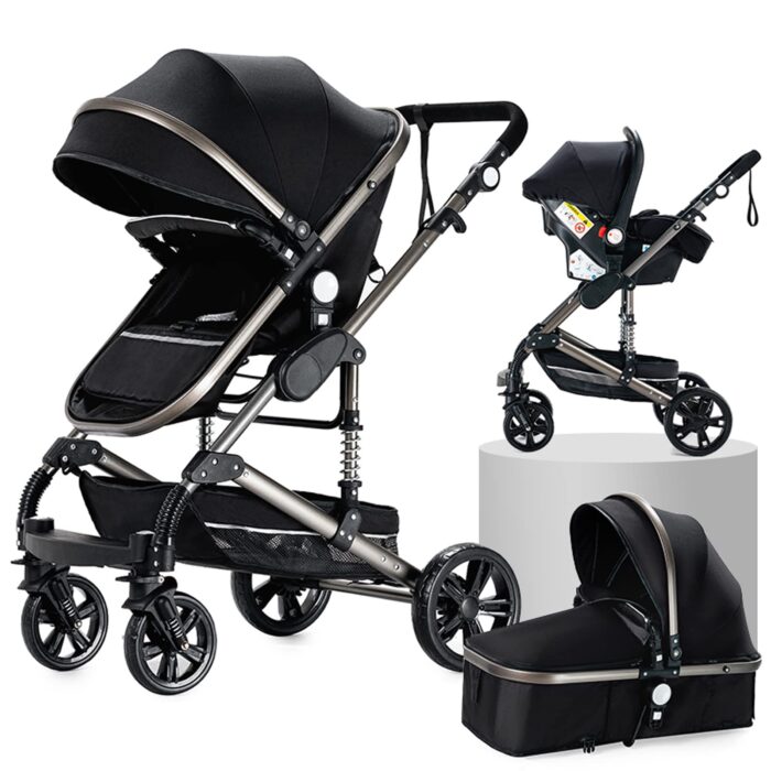Magic ZC PU Leather 3 in 1 Pushchair Pram Travel System, Baby Stroller 3 in 1 with Reversible Two Pushing Modes, Newborn Infant Carriage One-Click Folding, Toddler Buggy Aluminum Frame (Khaki 518)