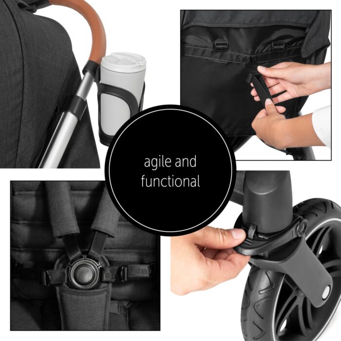 hauck Uptown, Melange Black - Pushchair with Large Seat, Rubber Wheels, Suspension Raincover & Cup Holder, Height-Adjustable, Easy & Compact Folding, Fully Reclining from Birth up to 22 kg