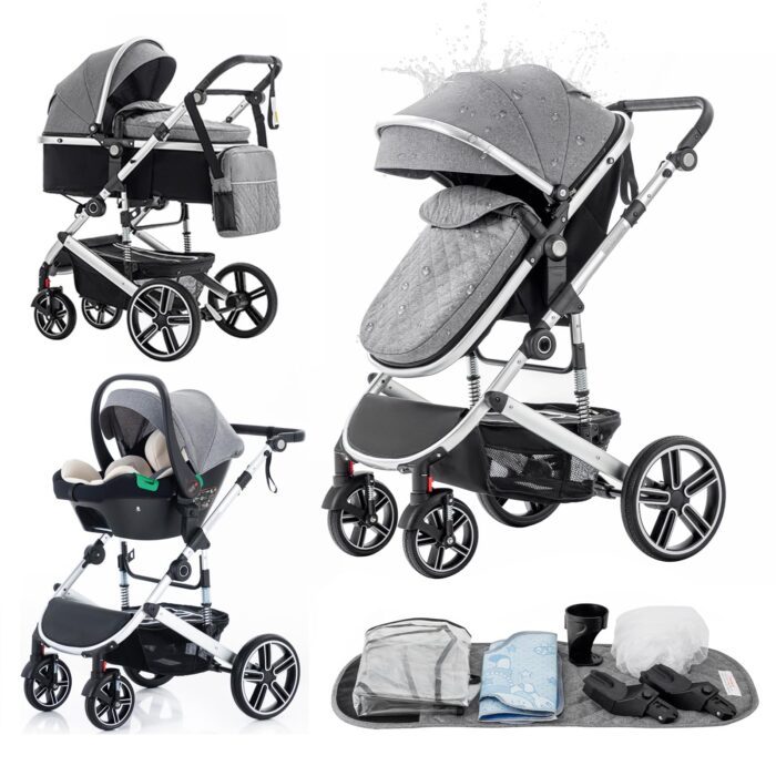 Gcarebb 3 in 1 Prams Travel System, Pushchair with Height Adjustable Handle, Travel Pram with Mosquito Net, Baby Stroller with Aluminum Frame for Newborn 0-4 Years