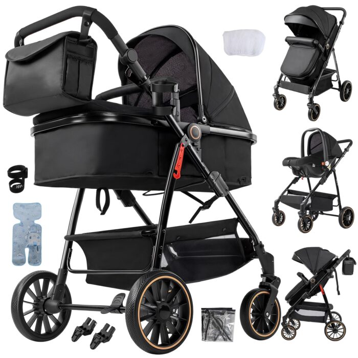 Magic ZC PU Leather 3 in 1 Pushchair Pram Travel System, Baby Stroller 3 in 1 with Reversible Two Pushing Modes, Newborn Infant Carriage One-Click Folding, Toddler Buggy Aluminum Frame (Khaki 518)