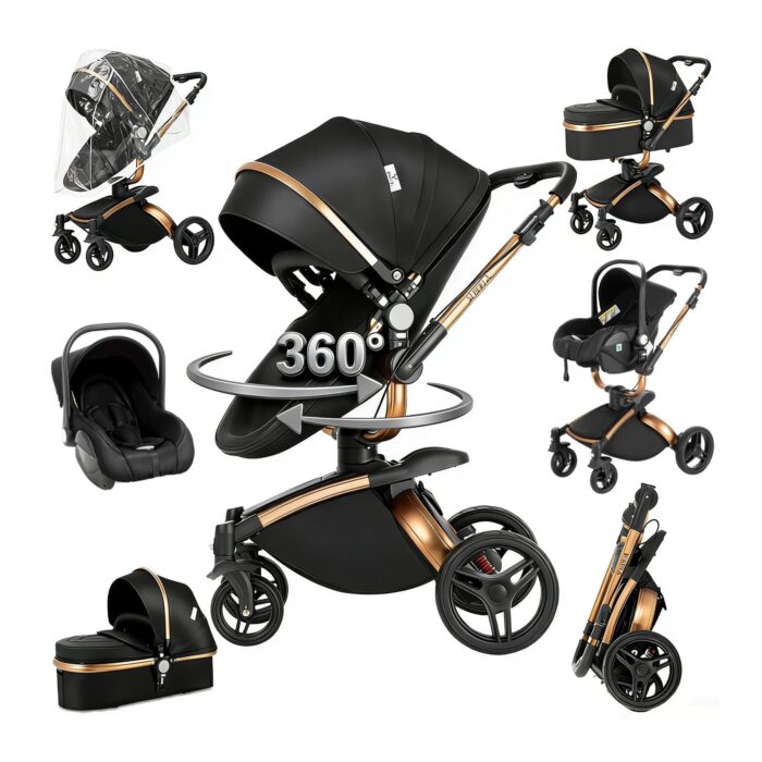 Magic ZC PU Leather 3 in 1 Pushchair Pram Travel System, Baby Stroller 3 in 1 with Reversible Two Pushing Modes, Newborn Infant Carriage One-Click Folding, Toddler Buggy Aluminum Frame (Khaki 518)