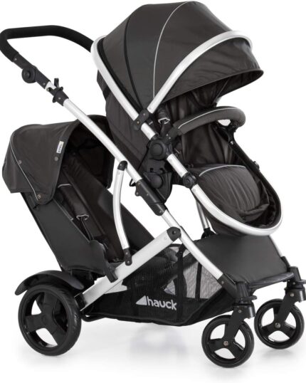 hauck Duett 2, Black - Baby & Toddler Tandem Pushchair with Raincover, Carrycot Convertible to Reversible Seat from Birth up to 15 kg & Second Seat from 6 Months, Compact & Foldable, Height-Adjustable