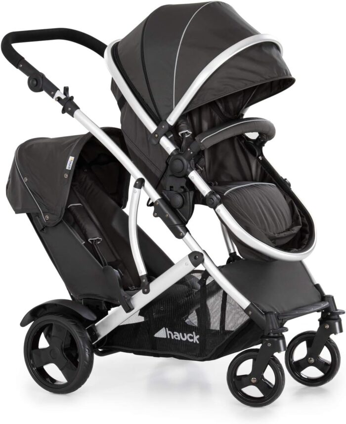 hauck Duett 2, Black - Baby & Toddler Tandem Pushchair with Raincover, Carrycot Convertible to Reversible Seat from Birth up to 15 kg & Second Seat from 6 Months, Compact & Foldable, Height-Adjustable