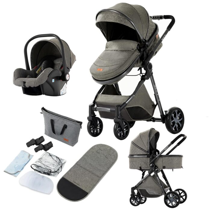 Magic ZC PU Leather 3 in 1 Pushchair Pram Travel System, Baby Stroller 3 in 1 with Reversible Two Pushing Modes, Newborn Infant Carriage One-Click Folding, Toddler Buggy Aluminum Frame (Khaki 518)