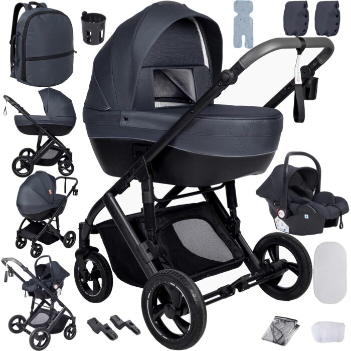 Magic ZC PU Leather 3 in 1 Pushchair Pram Travel System, Baby Stroller 3 in 1 with Reversible Two Pushing Modes, Newborn Infant Carriage One-Click Folding, Toddler Buggy Aluminum Frame (Khaki 518)