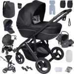 Magic ZC PU Leather 3 in 1 Pushchair Pram Travel System, Baby Stroller 3 in 1 with Reversible Two Pushing Modes, Newborn Infant Carriage One-Click Folding, Toddler Buggy Aluminum Frame (Khaki 518)