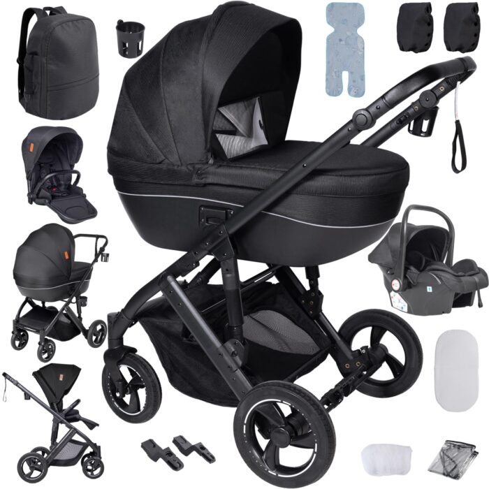 Magic ZC PU Leather 3 in 1 Pushchair Pram Travel System, Baby Stroller 3 in 1 with Reversible Two Pushing Modes, Newborn Infant Carriage One-Click Folding, Toddler Buggy Aluminum Frame (Khaki 518)