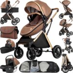 Magic ZC PU Leather 3 in 1 Pushchair Pram Travel System, Baby Stroller 3 in 1 with Reversible Two Pushing Modes, Newborn Infant Carriage One-Click Folding, Toddler Buggy Aluminum Frame (Khaki 518)