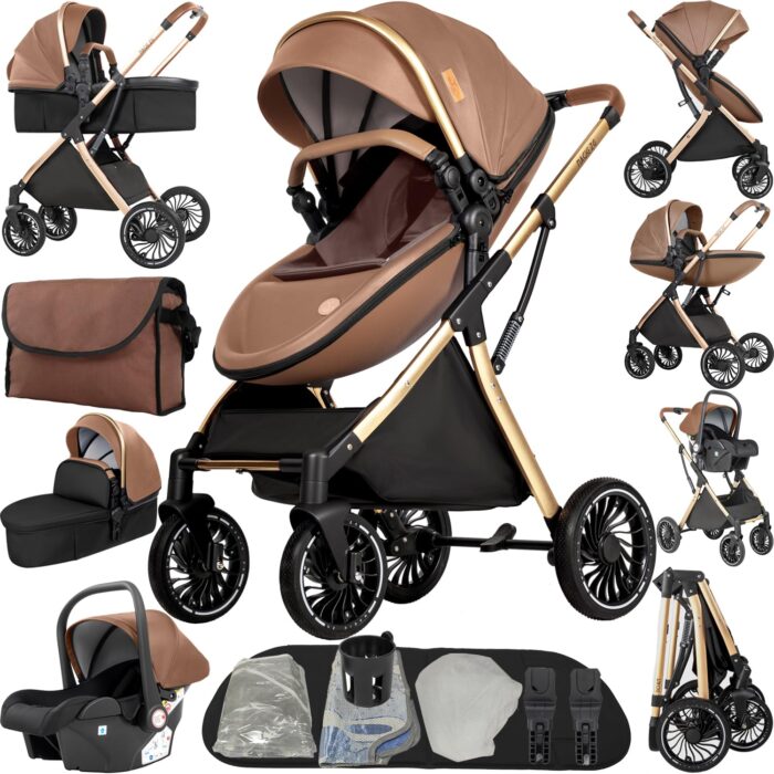 Magic ZC PU Leather 3 in 1 Pushchair Pram Travel System, Baby Stroller 3 in 1 with Reversible Two Pushing Modes, Newborn Infant Carriage One-Click Folding, Toddler Buggy Aluminum Frame (Khaki 518)