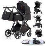 Gcarebb 3 in 1 Prams Travel System, Pushchair with Height Adjustable Handle, Travel Pram with Mosquito Net, Baby Stroller with Aluminum Frame for Newborn 0-4 Years