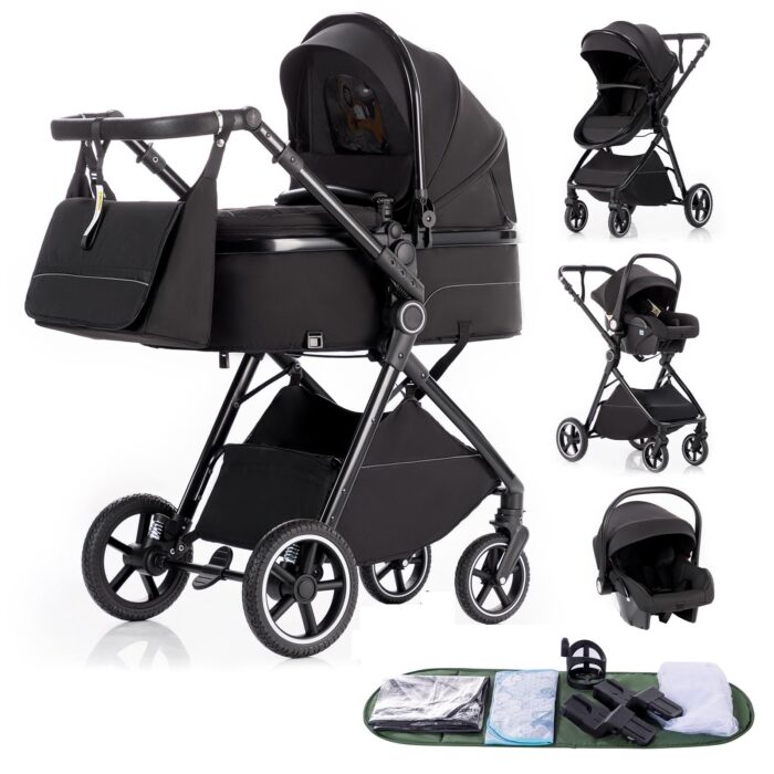 Gcarebb 3 in 1 Prams Travel System, Pushchair with Height Adjustable Handle, Travel Pram with Mosquito Net, Baby Stroller with Aluminum Frame for Newborn 0-4 Years