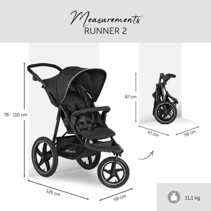 hauck Runner 2, Black - Robust All Terrain Pushchair with Raincover, XL Pneumatic Air Wheels, UPF 50+, Reclining Backrest from Birth up to 22 kg, Height-Adjustable Handle, XL Mesh Window